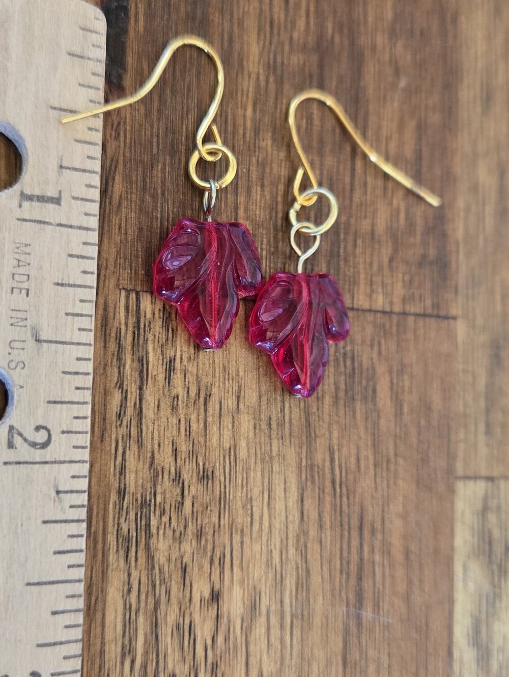 Country Gypsy Italian Ruby Red Glass Leaf Necklace & Earrings Set Handmade 17" - Picture 4 of 6
